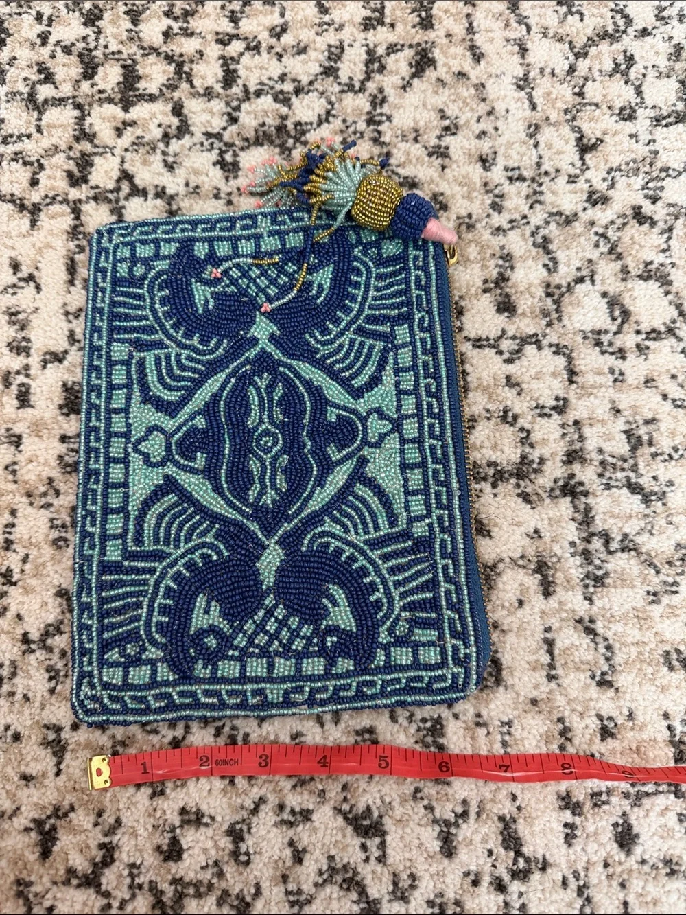 Anthropologie Turquoise Beaded Heart Floral Wristlet Clutch with Tassel